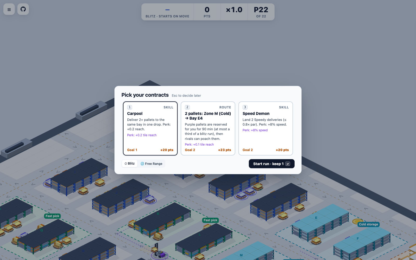 FreightFloor contract card picker showing Skill and Route cards before a shift.