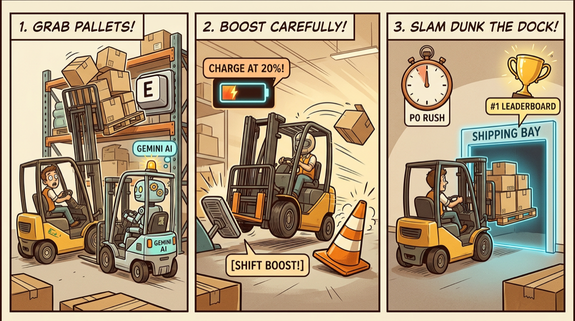 Three-panel comic showing how to play Freight Floor: grab pallets with E, boost carefully and charge at 20 percent, and deliver P0 rush orders to the shipping bay